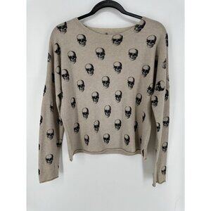 360 Cashmere Skull Intarsia Crewneck Long Sleeve Knit Sweater Tan S Read